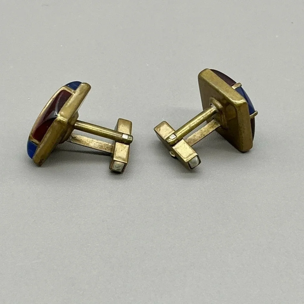 Vintage Cufflinks Mens Gold Tone Red Blue Lucite-Look Acrylic Geometric 7/8